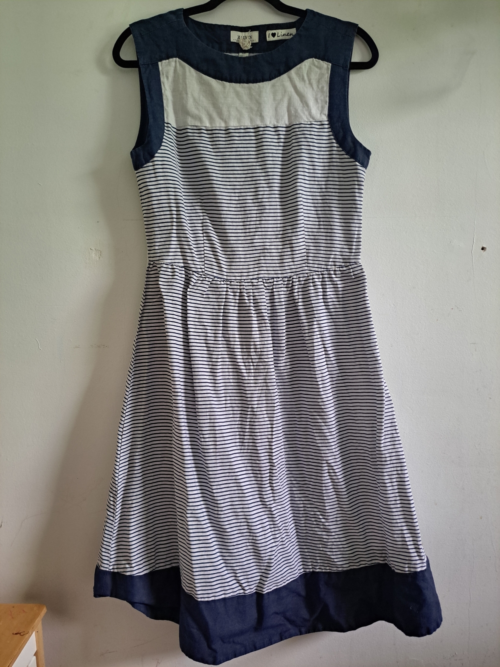 Malvin 100% Linen Blue & White Striped Sleeveless Dress Size S